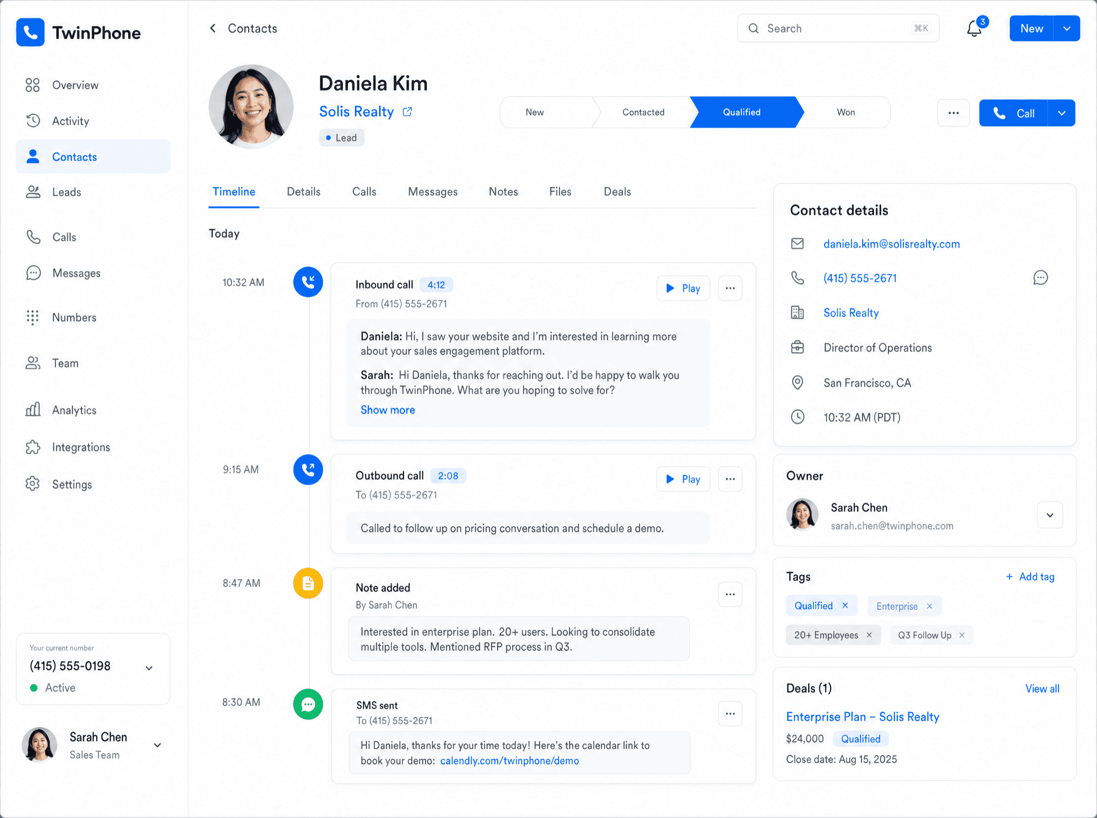 TwinPhone contact record with the team address book and a call timeline