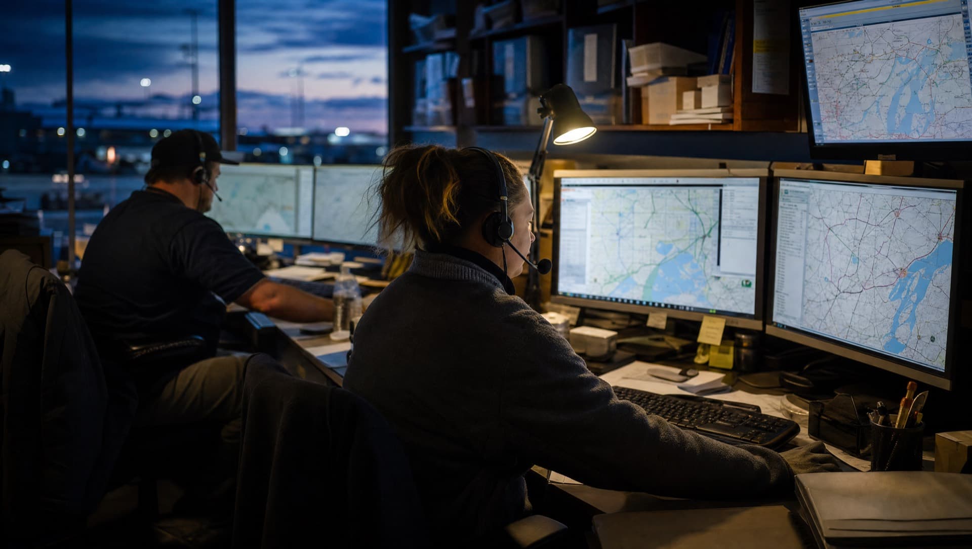 Un equipo atendiendo llamadas en un escritorio de monitores.