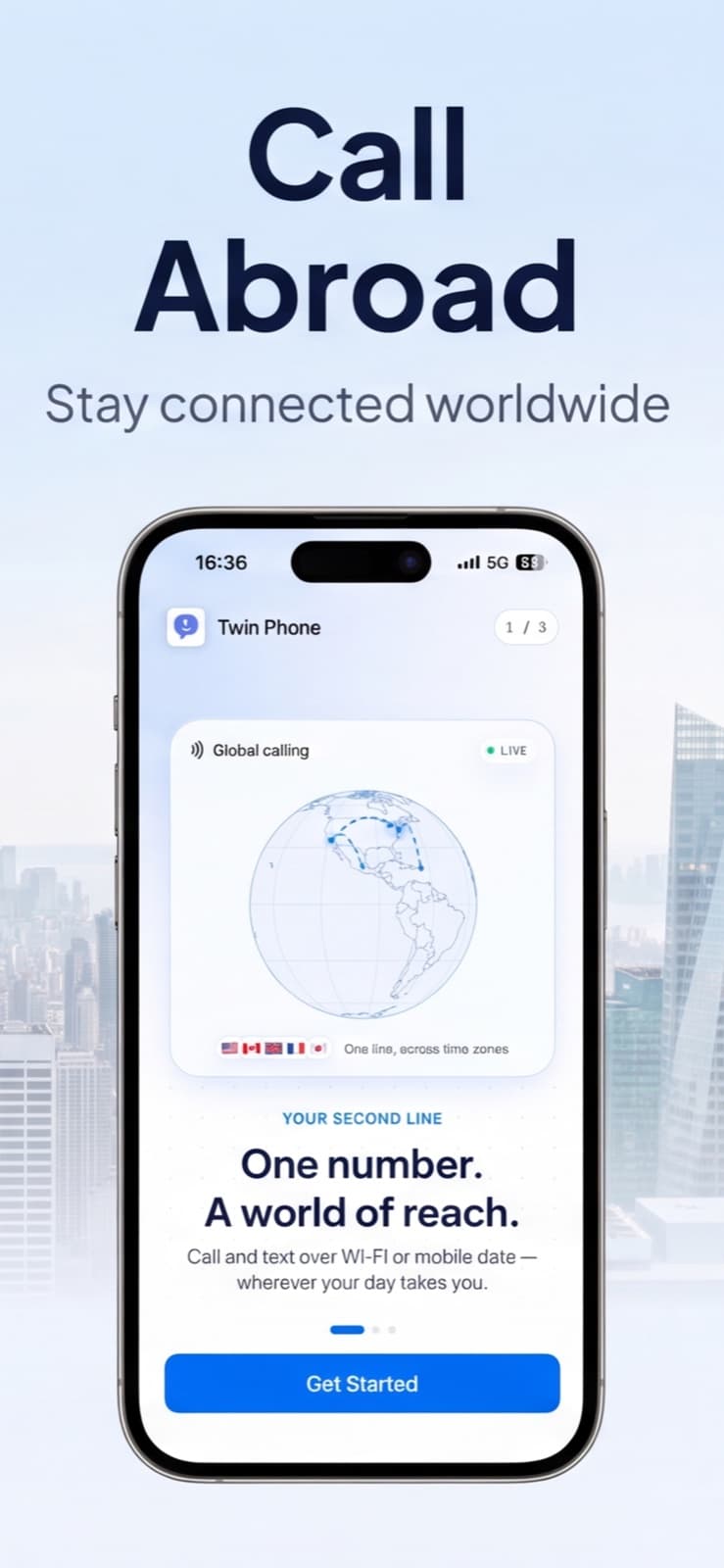 Pantalla de llamadas internacionales de TwinPhone